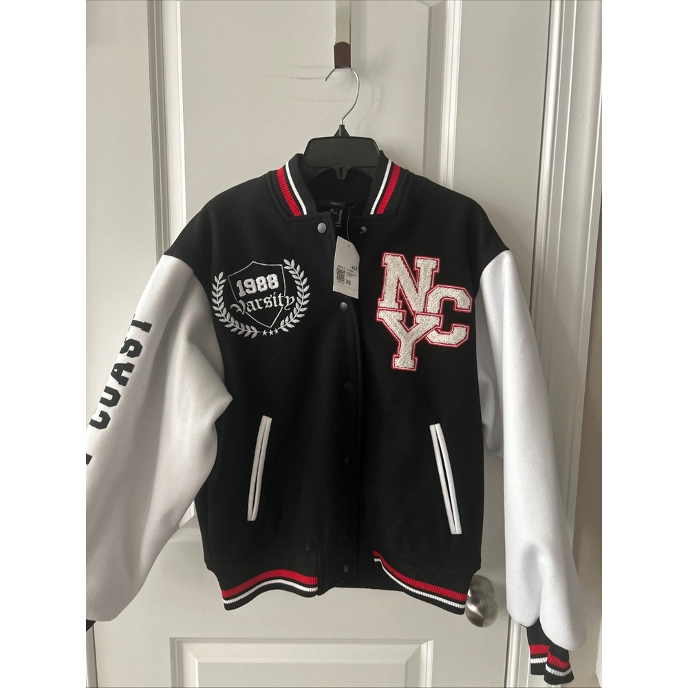 Forever 21 NYC Varsity Jacket Women XS Black White Red Letterman Style
